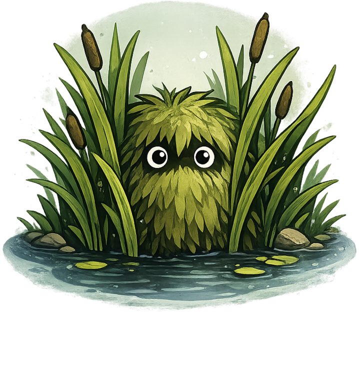 The Bunyip: a shaggy creature with wide, friendly eyes peering through the reeds over a pond